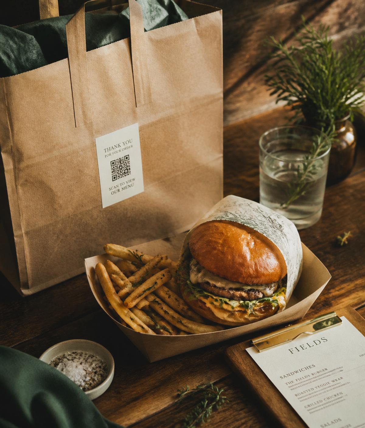 Burger and fries with takeout bag